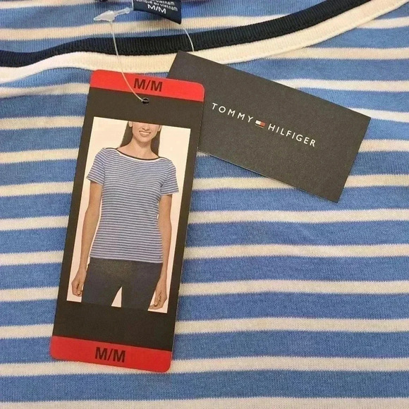 ❤ NWT Tommy Hilfiger Striped T-shirt Blue White Boatneck Tee Medium Short Sleeve - Picture 8 of 15